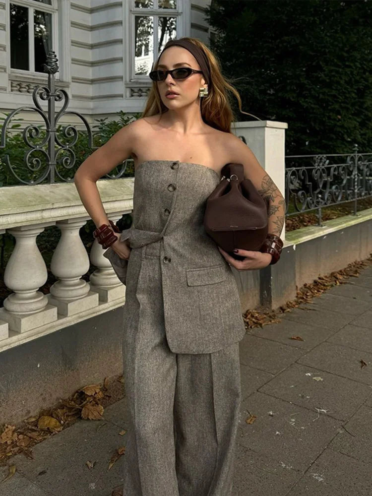 Sleeveless Single-breasted Vest High Waist + Wide Leg Trousers Set