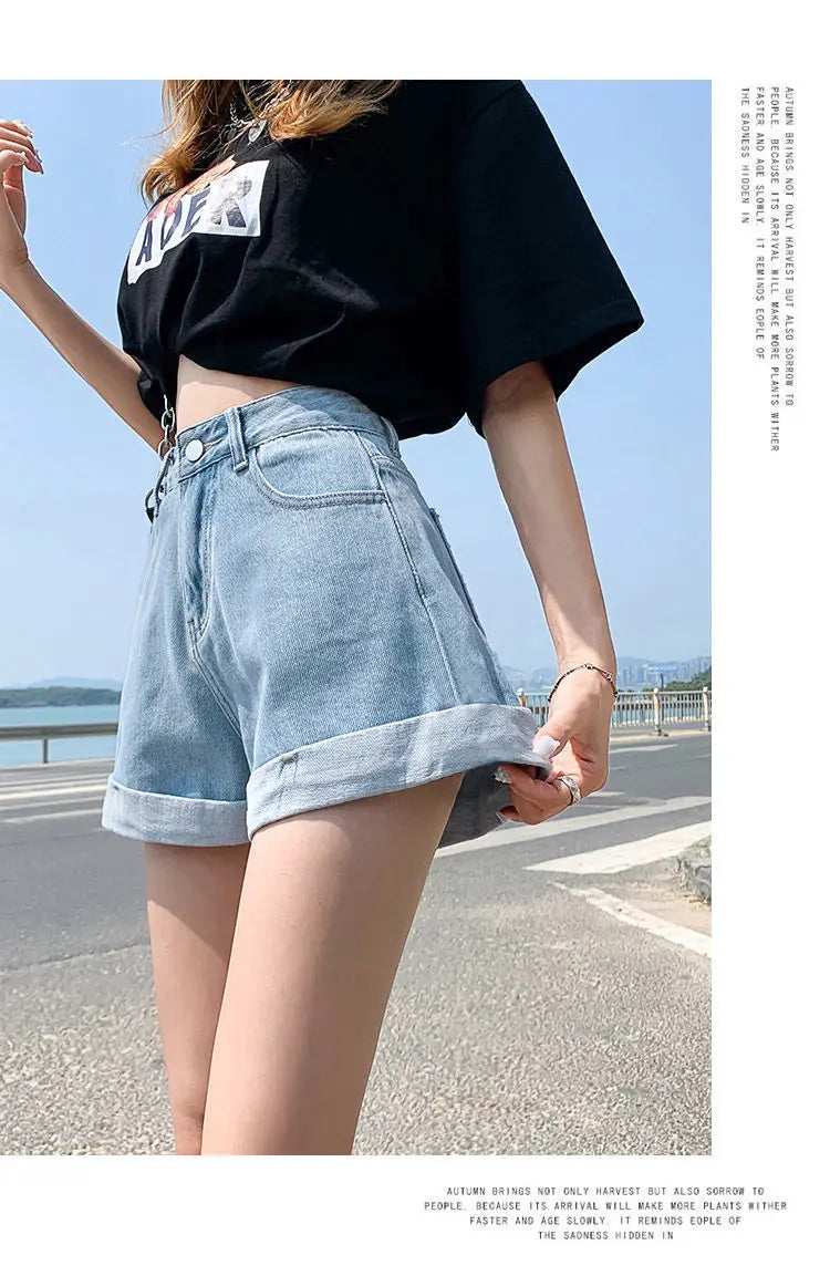 Summer Women's Denim Shorts High Waist Blue Cotton Wide-leg Short Pants Girl's Student Mini Korean Fashion Womens Jean Shorts
