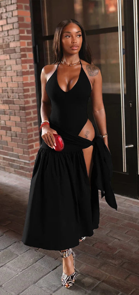 2 Piece Set Classic V-neck Camis Bodysuits + Tied Split Ruffle Maxi Skirt