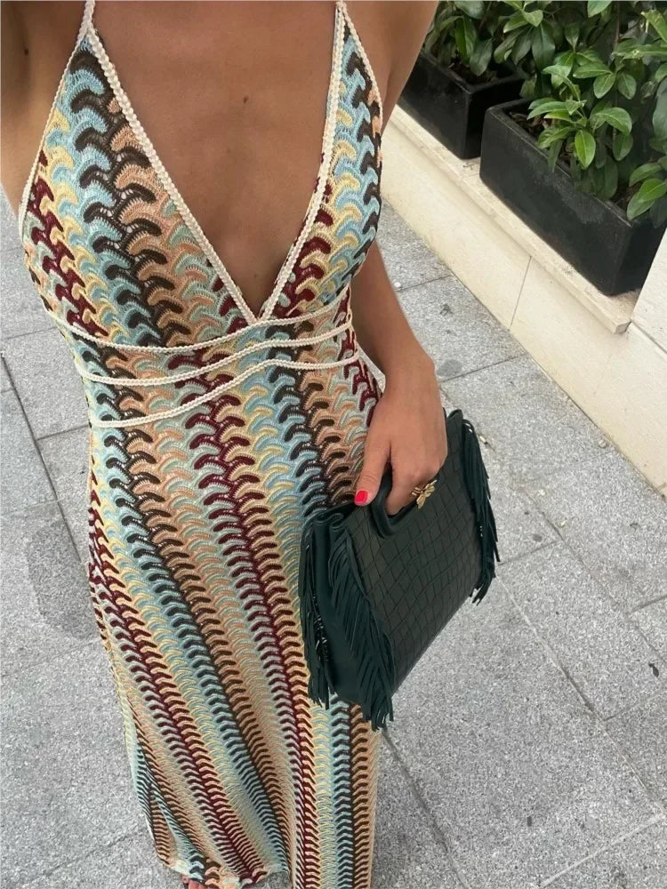 Printed Colorful Deep V-neck Crochet Maxi Dress