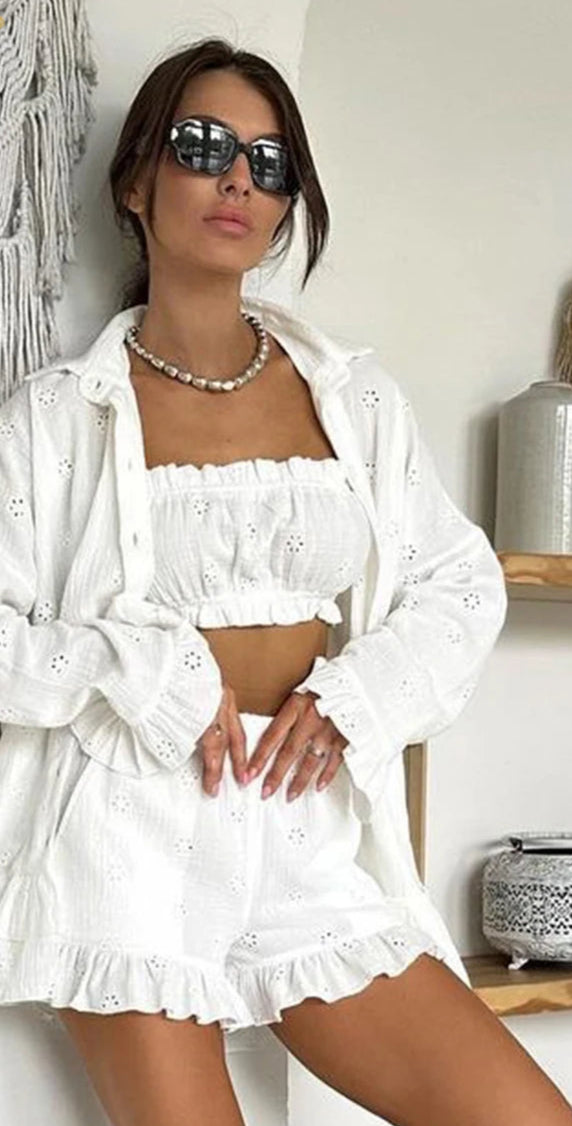Loose White Cotton 3 Piece Set Long Sleeve Shirt + High Waist Shorts