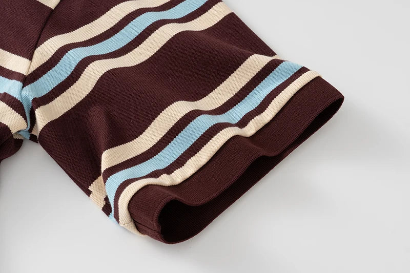 Striped Contrast Button Turndown Collar Tee