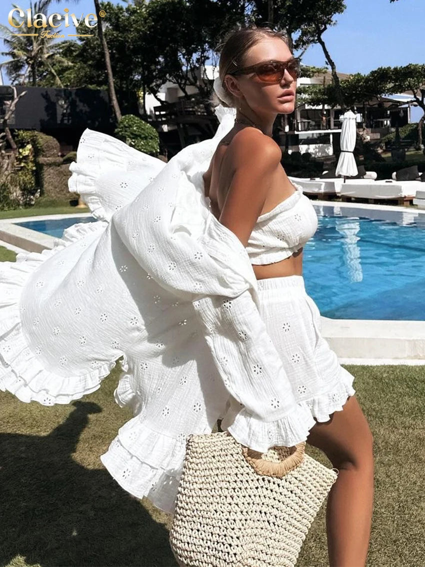 Loose White Cotton 3 Piece Set Long Sleeve Shirt + High Waist Shorts