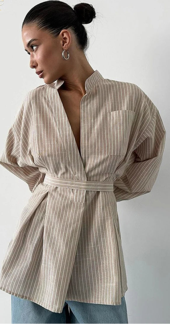 Classic Brown Striped Stand Collar Long Sleeve Shirt