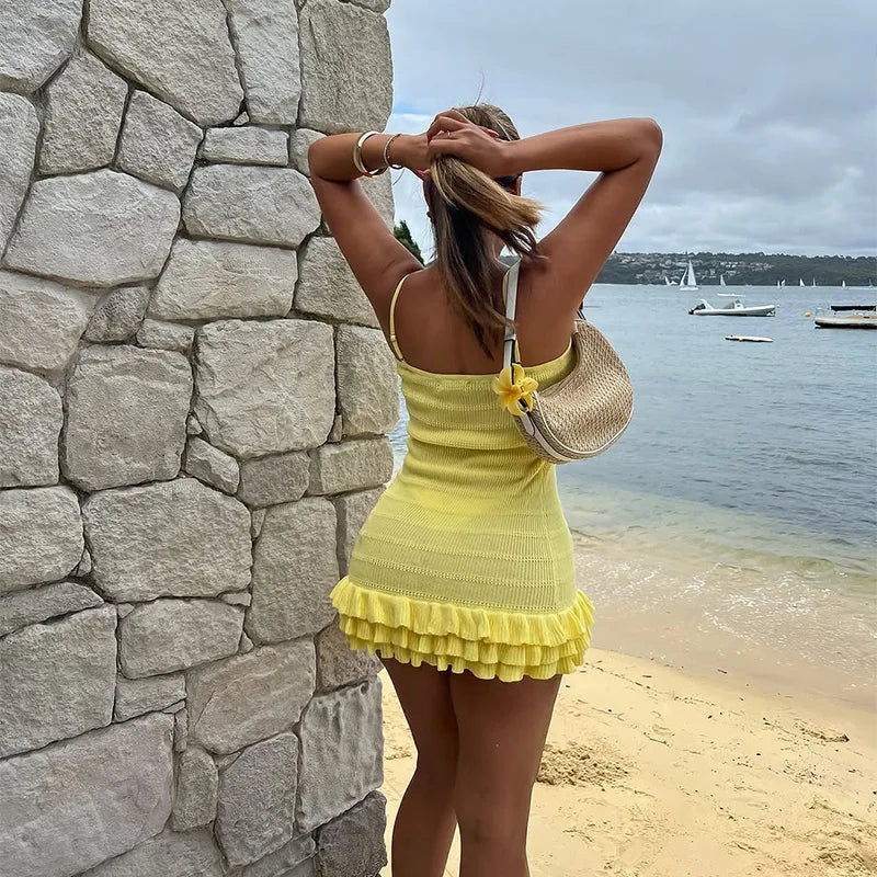 2025 Women's Knitted Backless Sleeveless Strap Dress Sexy High Street Solid Layered Slim Fit Vestidos Spring New Chic Beach Gown