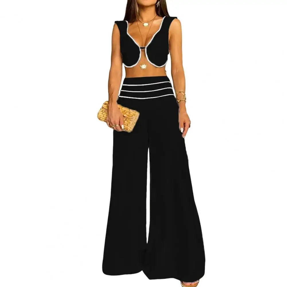 2 Piece Set Low-cut V Neck Top + Straight Pants