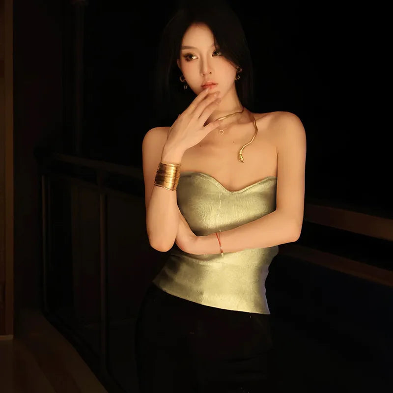 Sexy Strapless Gold Bustier Top