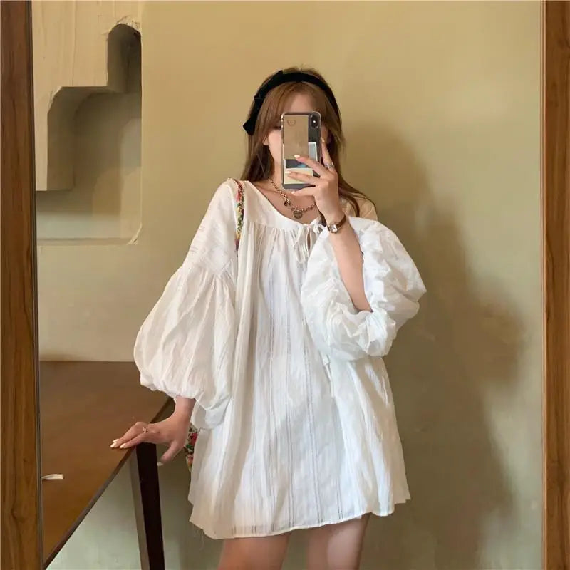 Simple Sheer Loose Lantern Sleeve Dress