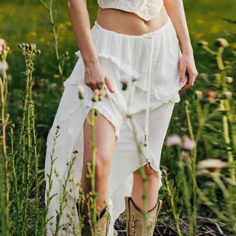 Low Waist Lace Up White Irregular Split White Midi Skirt Women