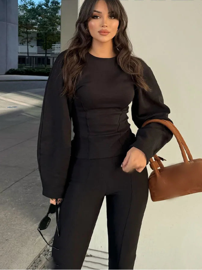 Women's Slimming 2-Piece Set Double-Sided Top Elegant Stretch Long Pants Female Suit