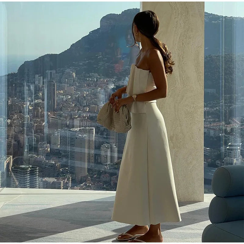 Elegant White Pleated Long Slim Tube Dress