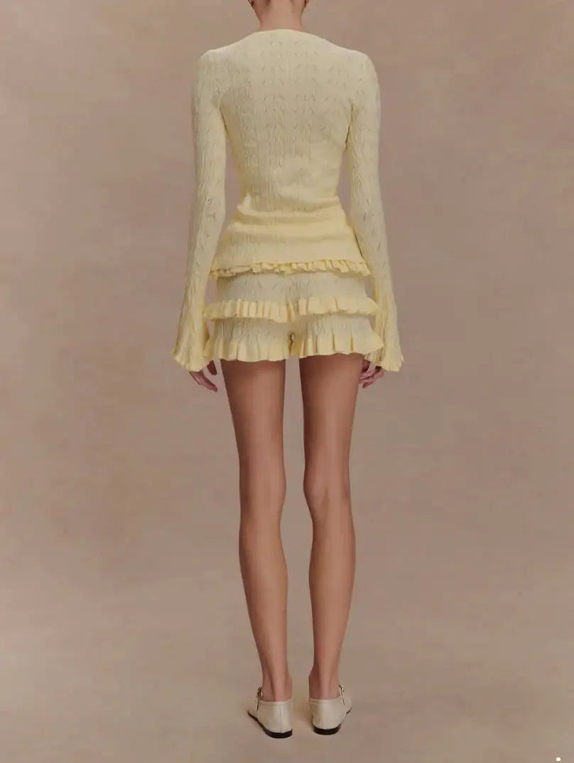 Elegant Slim Ruffle Long Sleeve Top and Mini Shorts Two piece Set