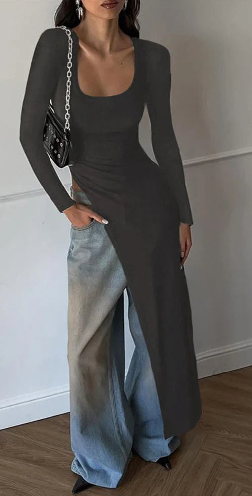 Solid Full Sleeve U-Neck Split Super-Long Top