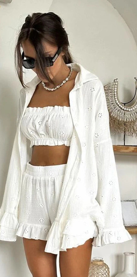 Loose White Cotton 3 Piece Set Long Sleeve Shirt + High Waist Shorts