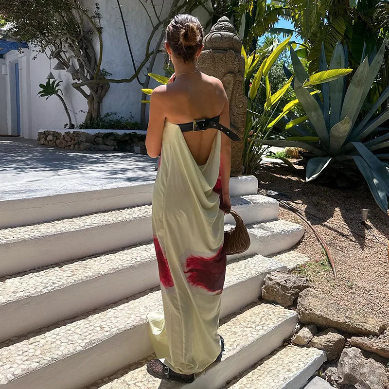 Sexy Yellow Strapless Print Floral Belt Maxi Dress