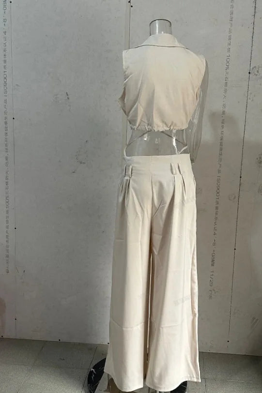 Two Piece Pants Set Solid Lapel V Neck Sleeveless Crop Top + High Waist Pocket Wide Leg Pants