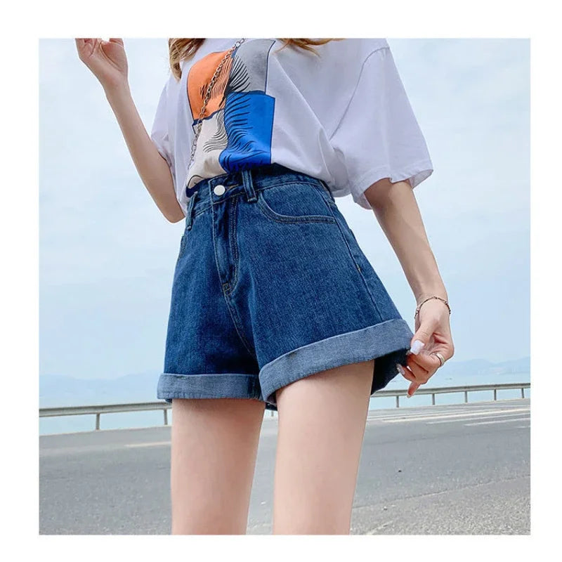 Summer Women's Denim Shorts High Waist Blue Cotton Wide-leg Short Pants Girl's Student Mini Korean Fashion Womens Jean Shorts