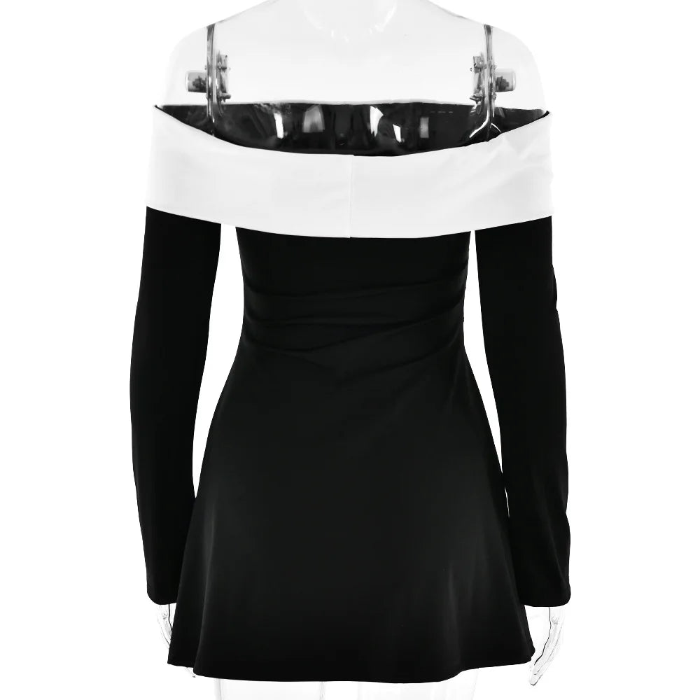 Elegant Off Shoulder Mini Backless Long Sleeve Black and White Sexy Bodycon Dresses