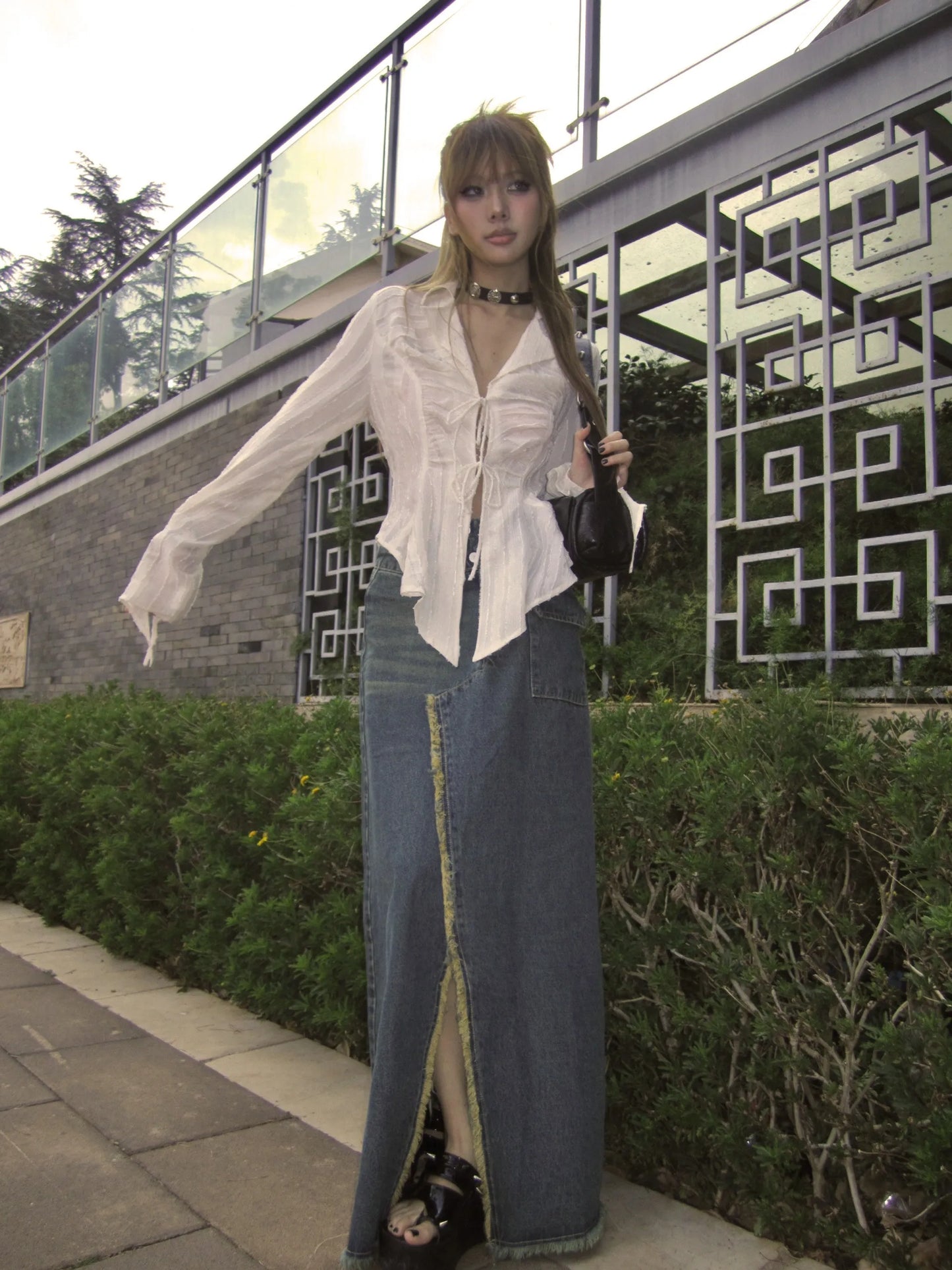 Peated Lace Up V-Neck Top