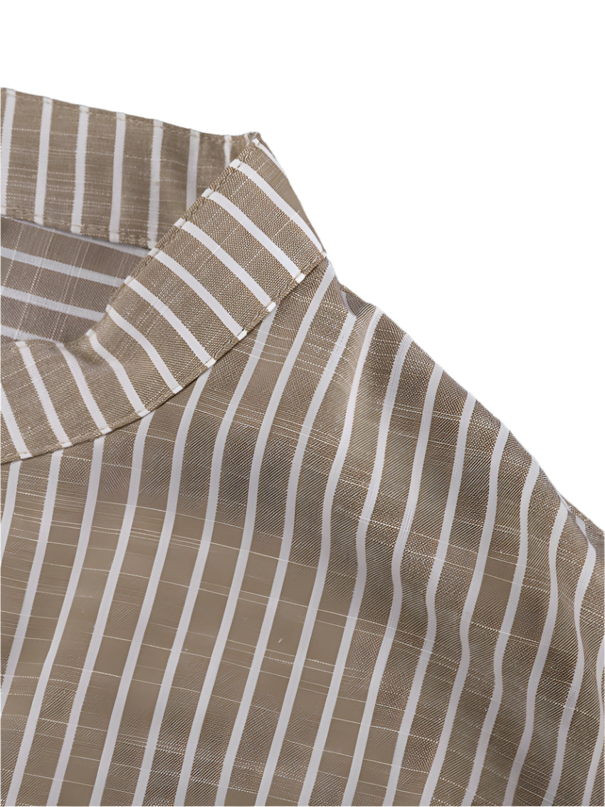 Classic Brown Striped Stand Collar Long Sleeve Shirt