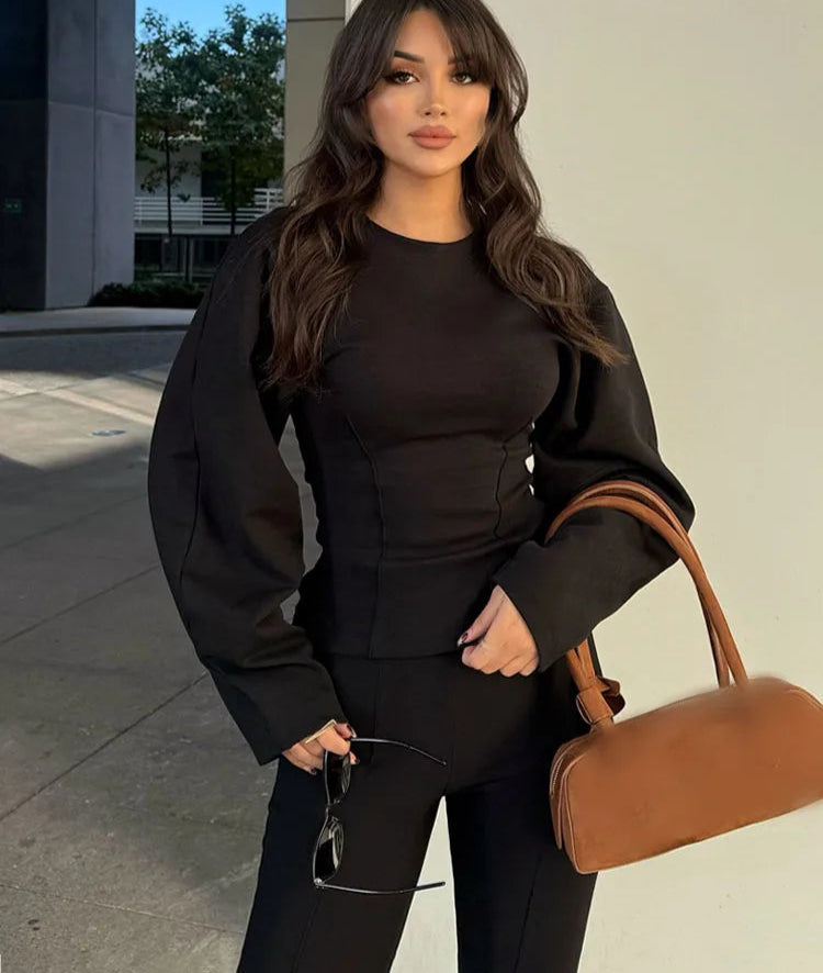 Women's Slimming 2-Piece Set Double-Sided Top Elegant Stretch Long Pants Female Suit