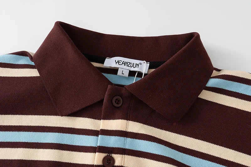 Striped Contrast Button Turndown Collar Tee