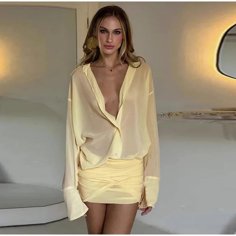 Elegant Yellow Lapel Buttons Pleated Mini Dresses