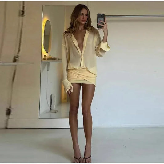 Elegant Yellow Lapel Buttons Pleated Mini Dresses