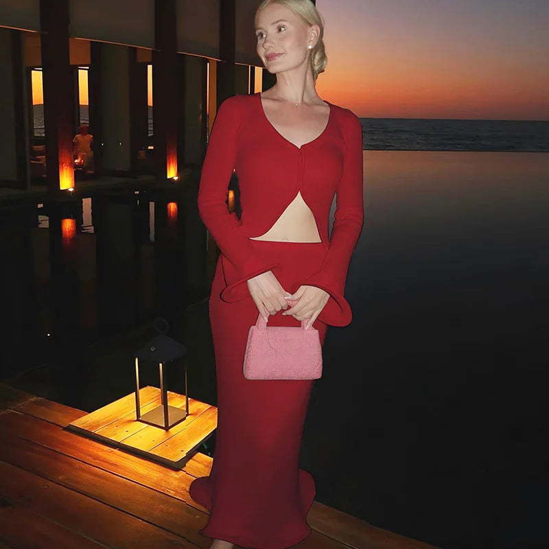 2 Piece Set Ruffle High Waist Maxi Skirt + Ruffle V-Neck Crop Top