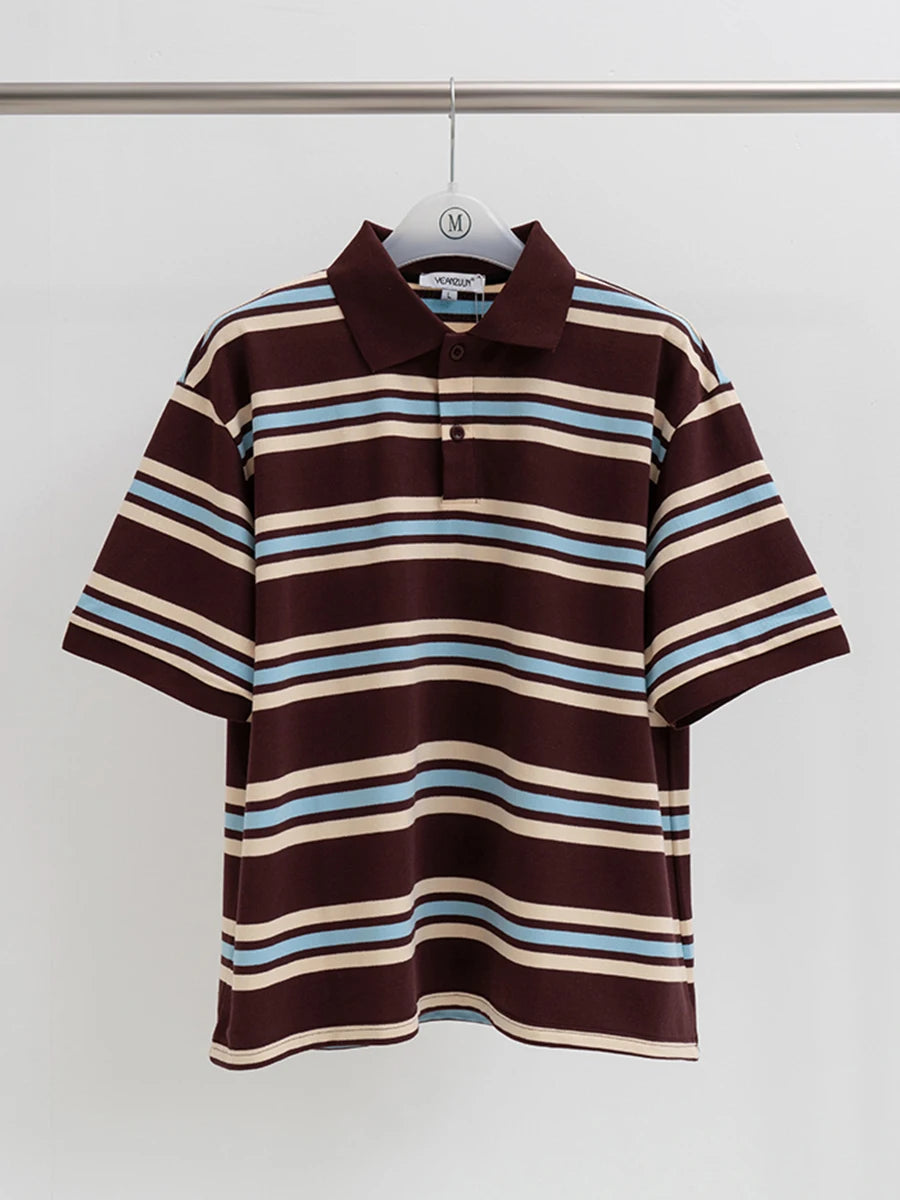 Striped Contrast Button Turndown Collar Tee