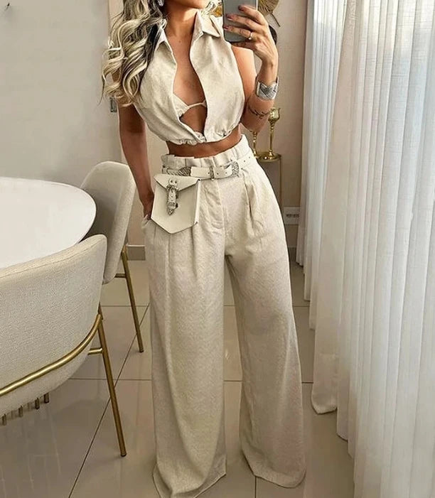 Two Piece Pants Set Solid Lapel V Neck Sleeveless Crop Top + High Waist Pocket Wide Leg Pants