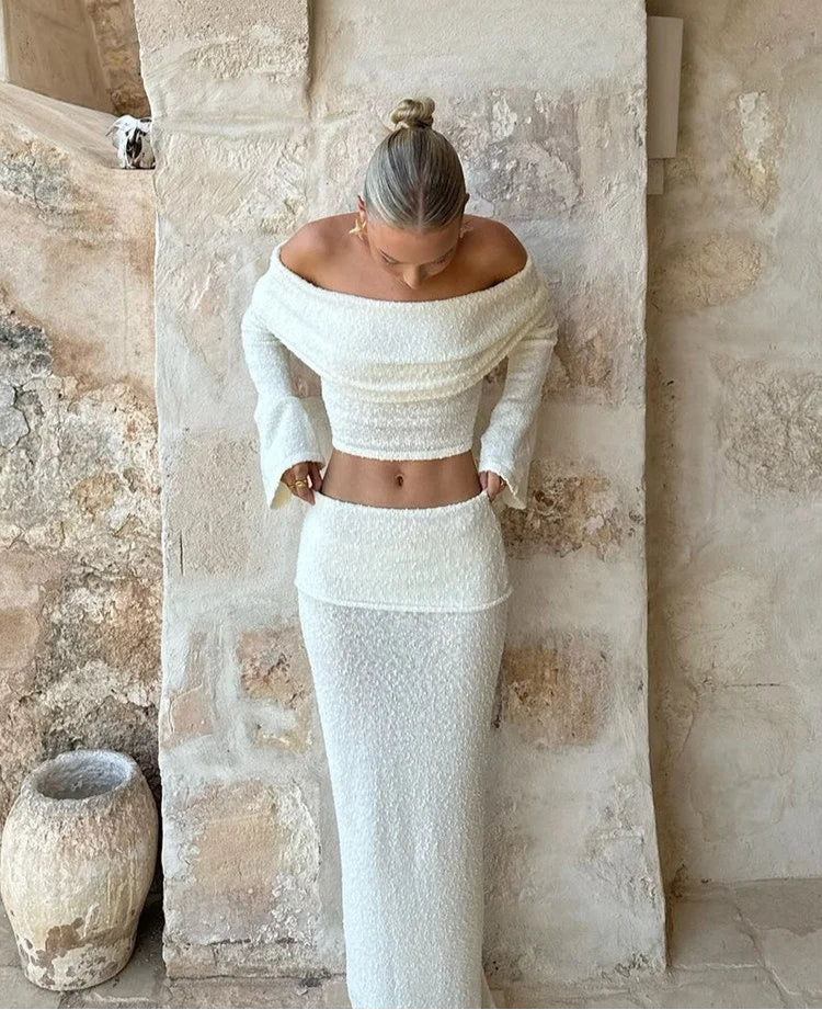 Matching 2 Piece Set Slash Neck Long Sleeve Top + Ruche Maxi Skirt