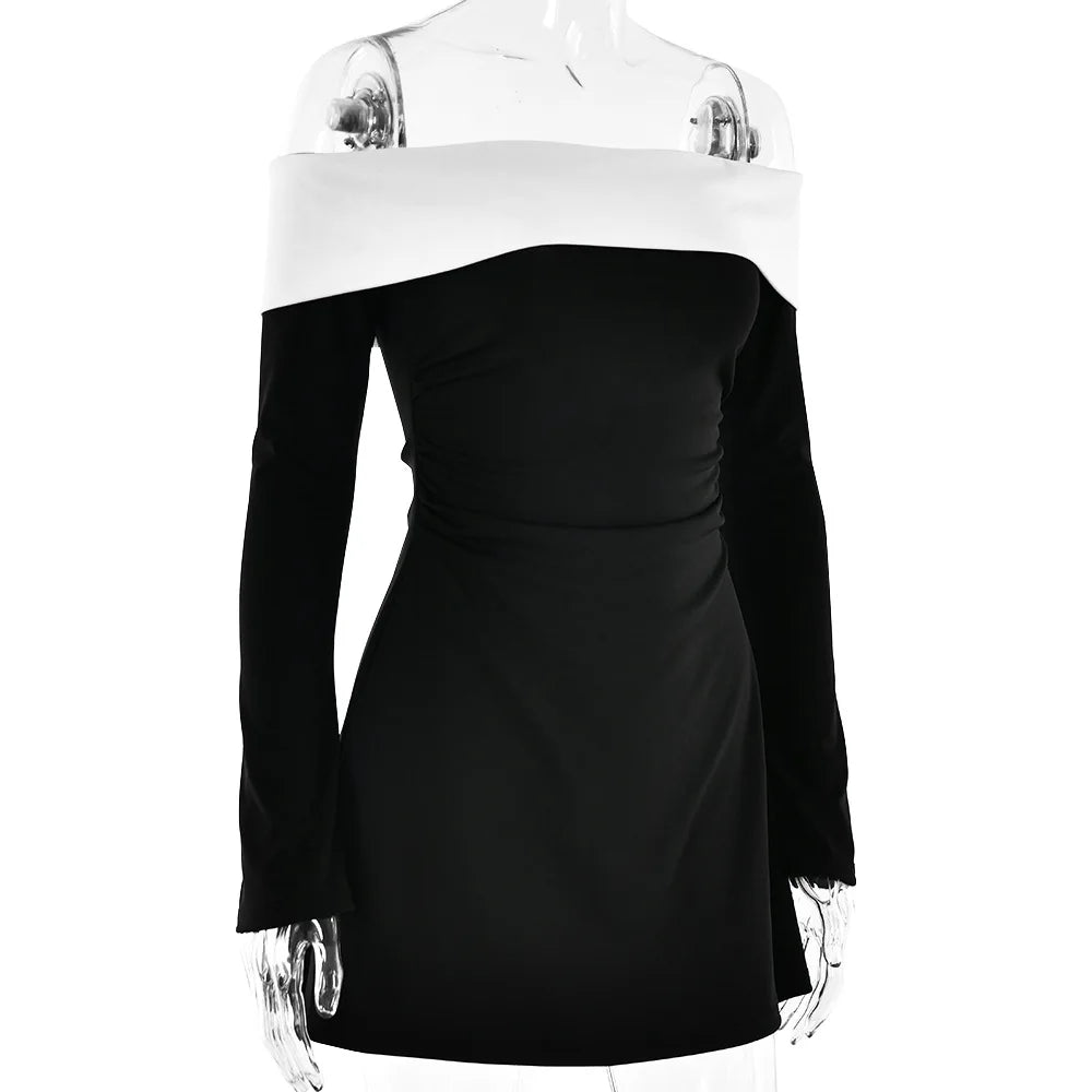 Elegant Off Shoulder Mini Backless Long Sleeve Black and White Sexy Bodycon Dresses