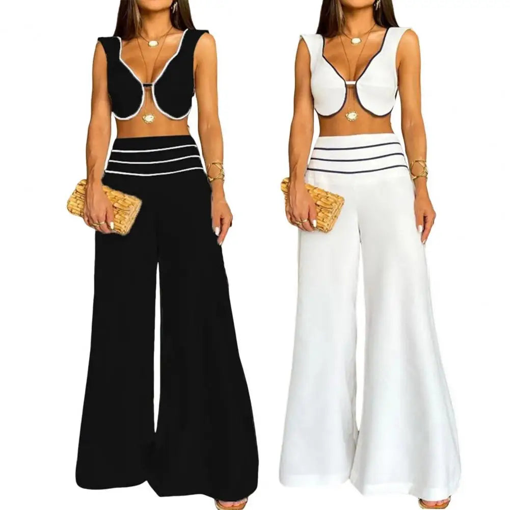 2 Piece Set Low-cut V Neck Top + Straight Pants