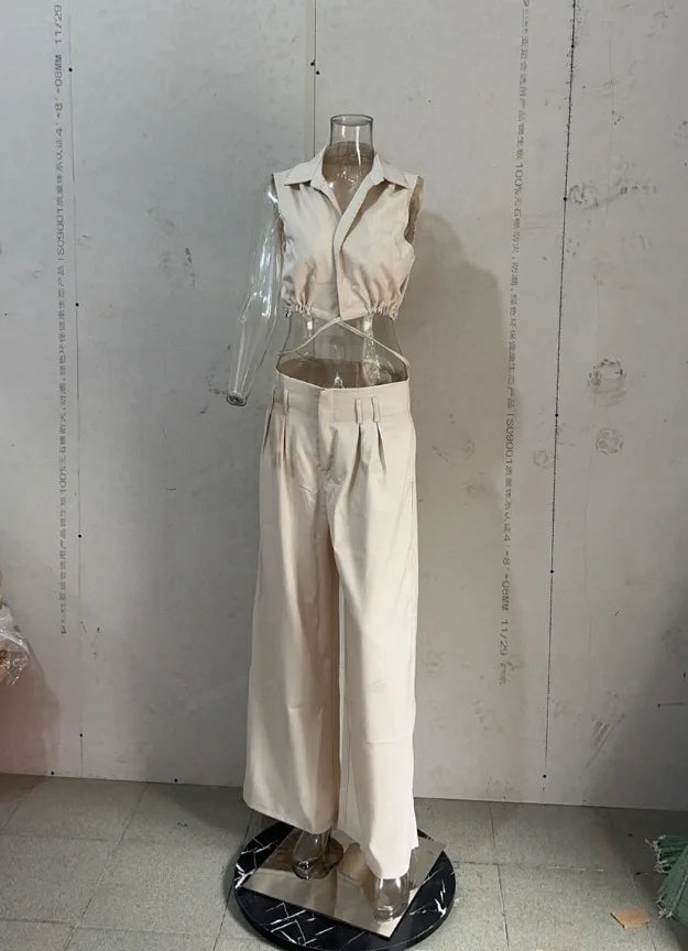 Two Piece Pants Set Solid Lapel V Neck Sleeveless Crop Top + High Waist Pocket Wide Leg Pants