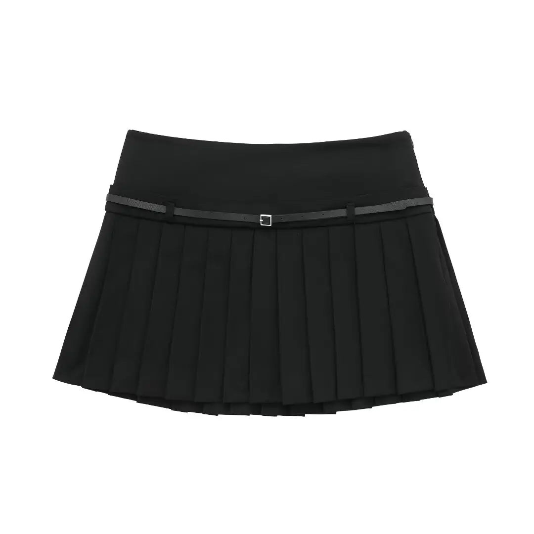 Box Pleated Mini Skirt With Belt