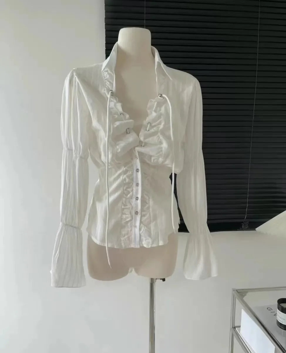 Flare Sleeve Lace Up Single Breasted Bowknot Blouse
