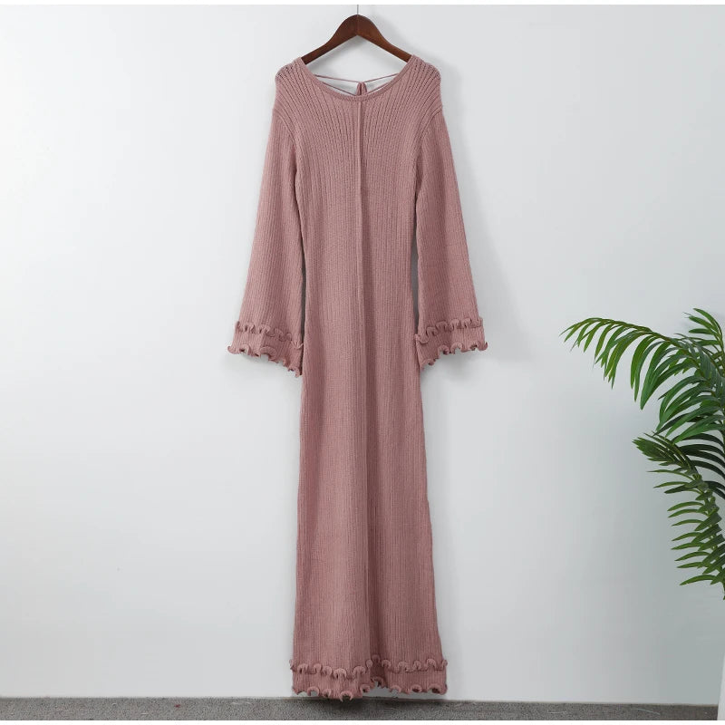 Elegant Ruffle Hem Knit White Long Dress