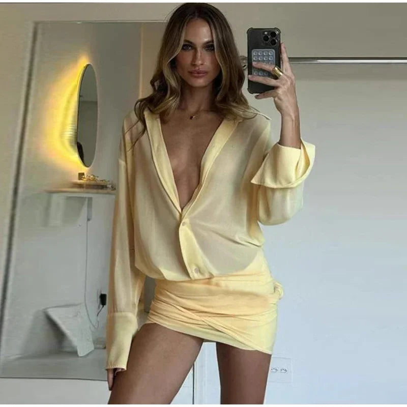 Elegant Yellow Lapel Buttons Pleated Mini Dresses