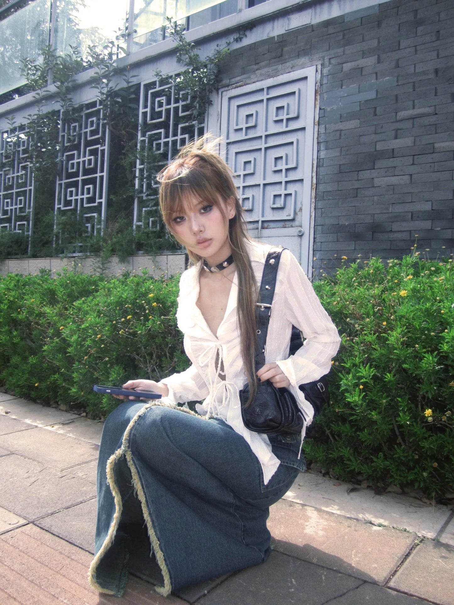 Peated Lace Up V-Neck Top