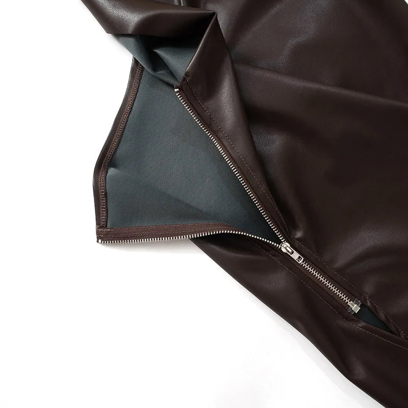 Vintage One Shoulder Slant Collar Side Zipper Leather Top