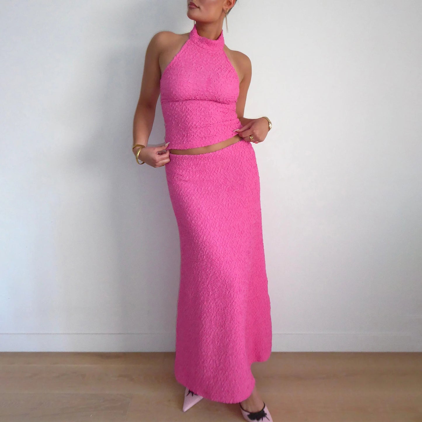 Casual Sleeveless Halter Crop Top High Waist Long Skirt Solid Set