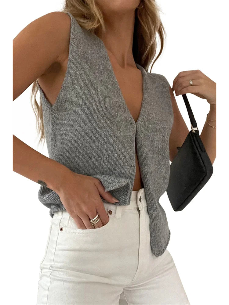Retro Knitted V-Neck Sweaters Vest Tops