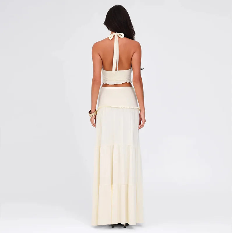 Elegant 2 Piece Set Sleeveless Frill Halter Twist Top + Maxi Skirt