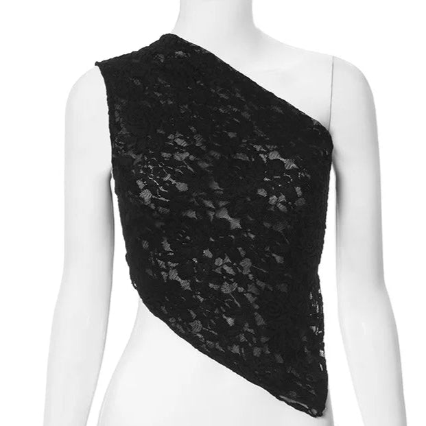 Luxury Lace Open Waist Asymmetric Slant Neck Top