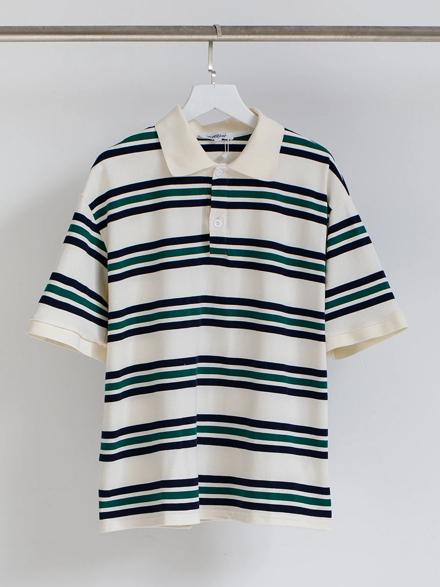 Striped Contrast Button Turndown Collar Tee
