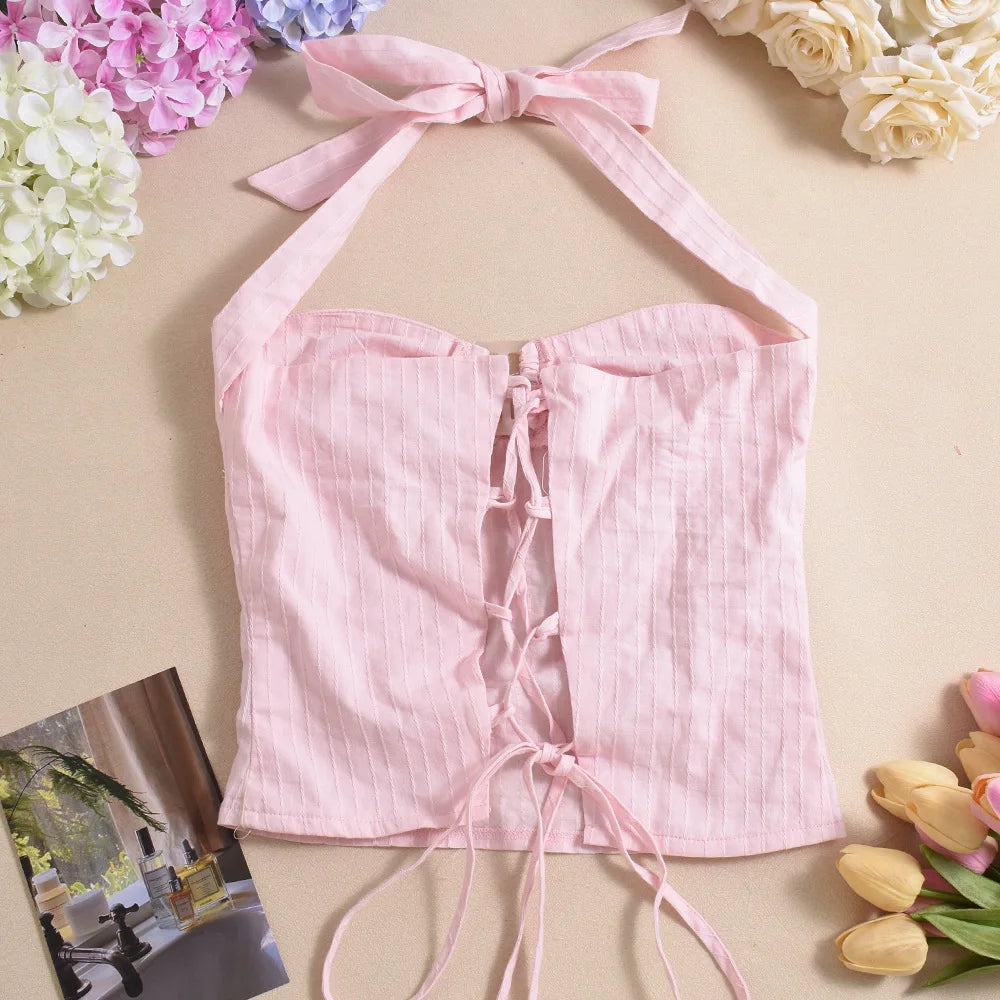 Chic Solid Color Stripe Crop Backless Halter Lace-Up Top