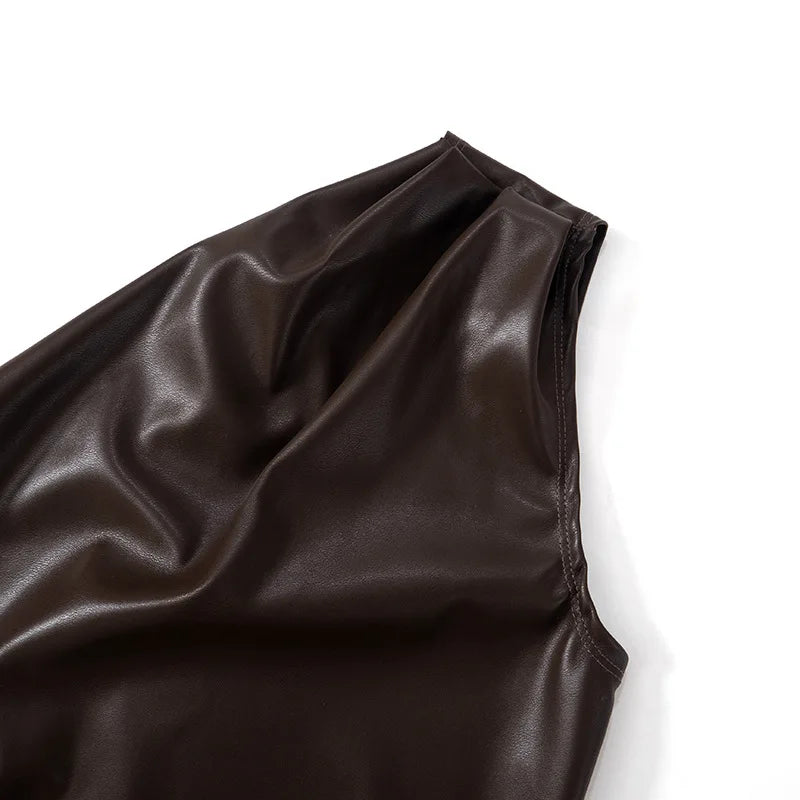 Vintage One Shoulder Slant Collar Side Zipper Leather Top