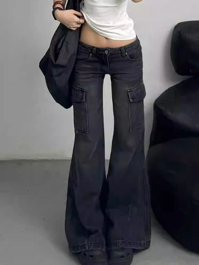 High Waist Flare Denim Pants Multiple Pockets Denim Trouser