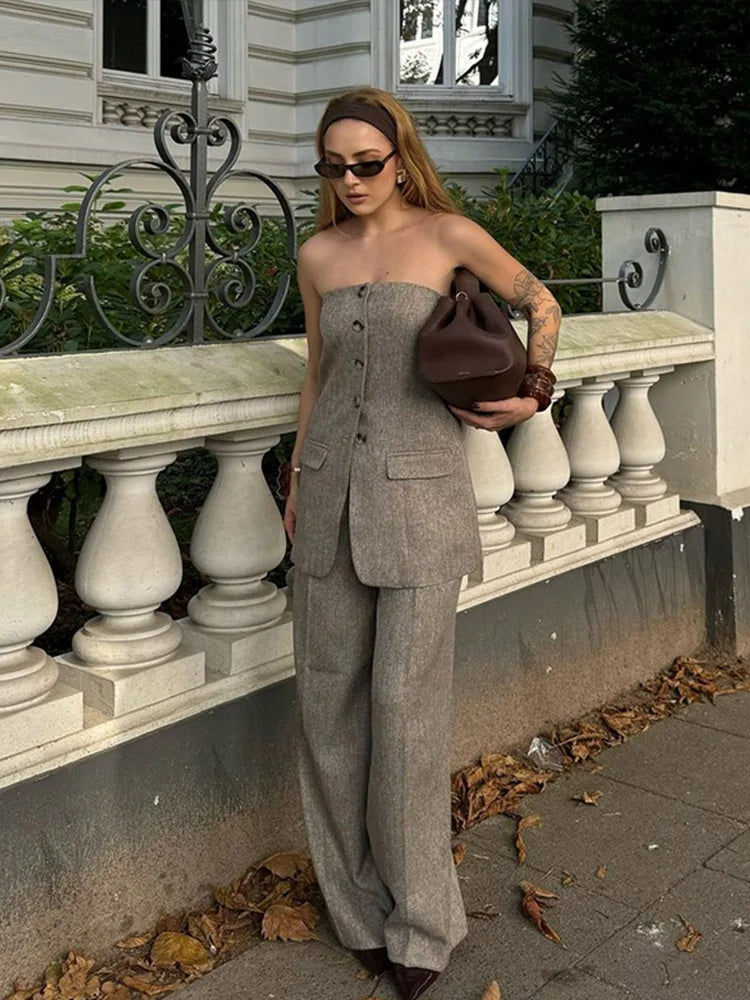 Sleeveless Single-breasted Vest High Waist + Wide Leg Trousers Set